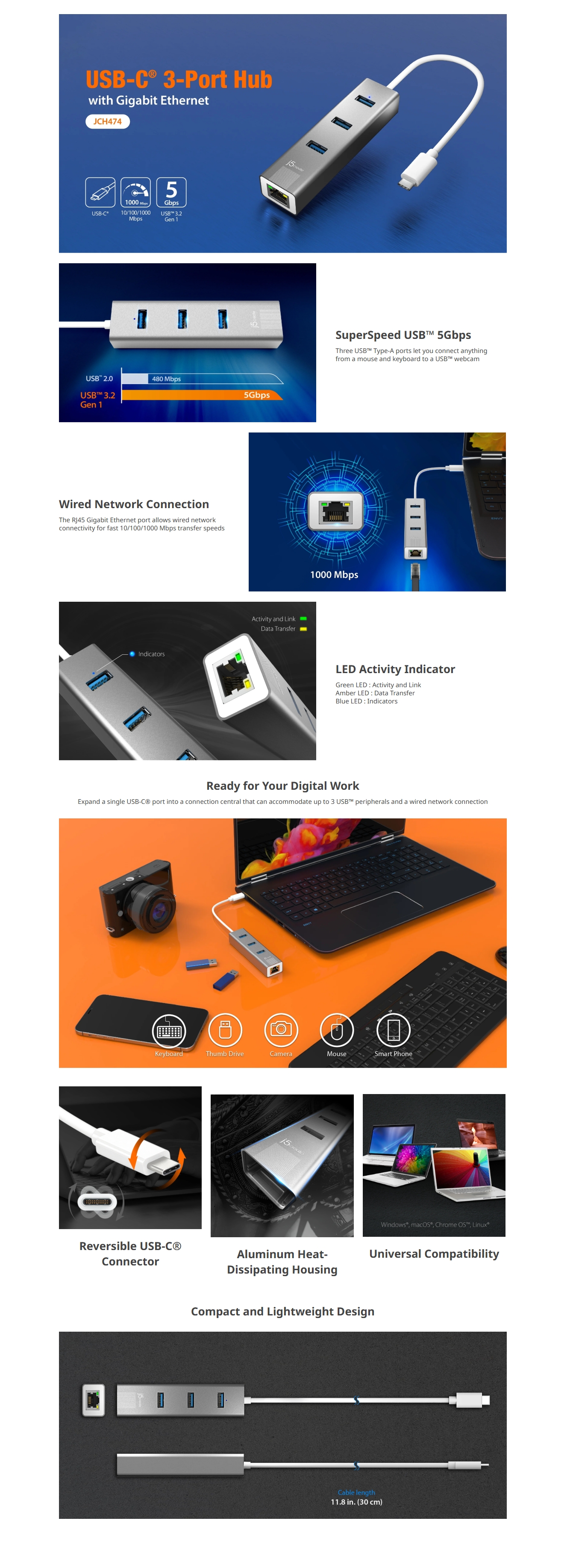 j5create JCH474 USB-C 3-Port Hub w/ Gigabit Ethernet