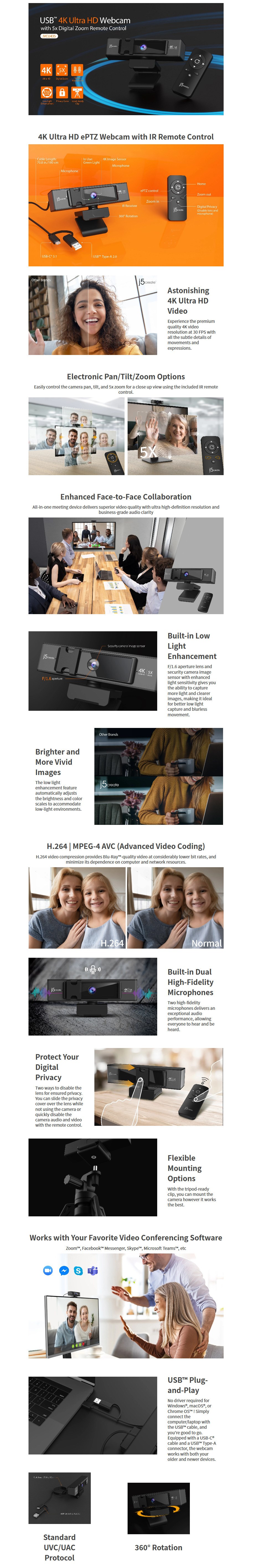 j5create JVCU435 USB 4K ULTRA HD Webcam with 5x Digital Zoom Remote Control - Desktop Overview 1