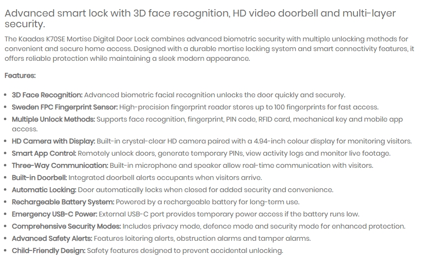 Kaadas K70 SE WiFi Smart Door Lock - Black
