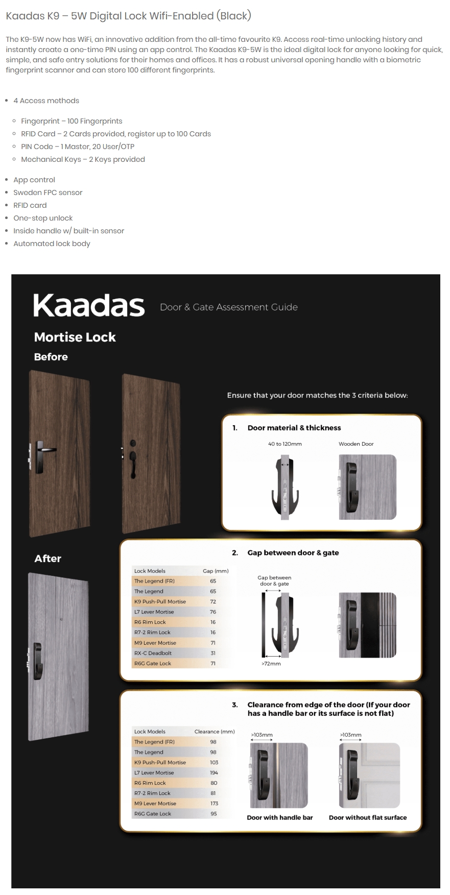 Kaadas K9 Fingerprint WiFi Smart Lock - Black