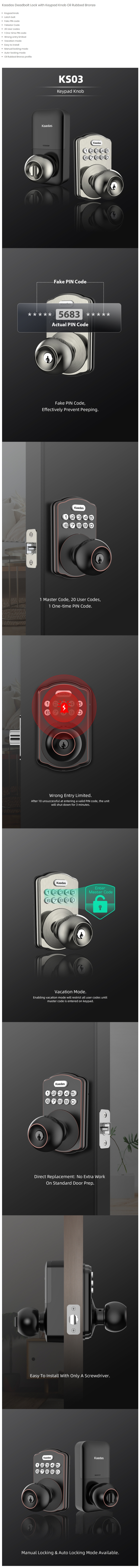 Kaadas KS03 Electronic Deadbolt Lock Oil Rubbed Bronze