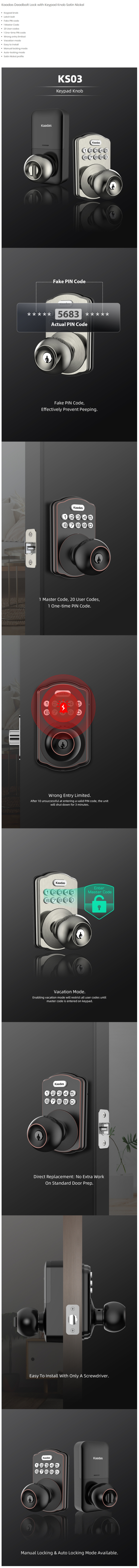 Kaadas KS03 Electronic Deadbolt Lock Satin Nickel