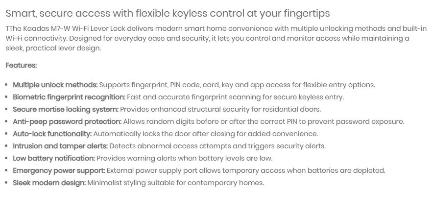 Kaadas M7-W Lever WiFi Smart Door Lock - Black