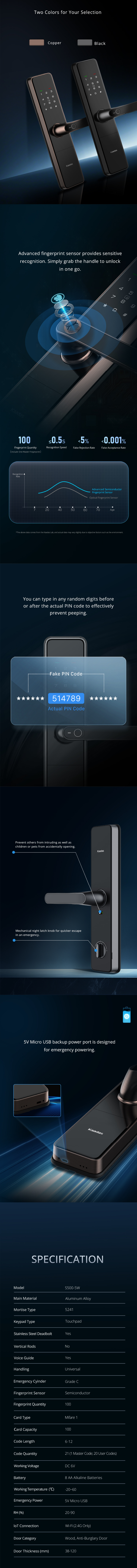 Kaadas S500-5W Lever Smart Door Lock WiFi - Black