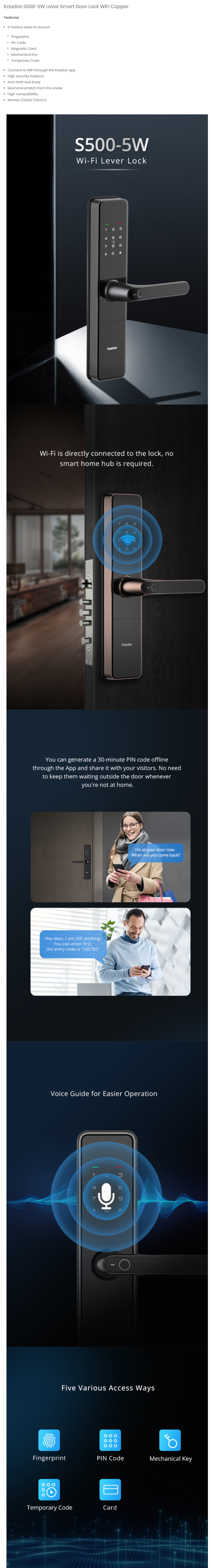 Kaadas S500-5W Lever Smart Door Lock WiFi - Copper