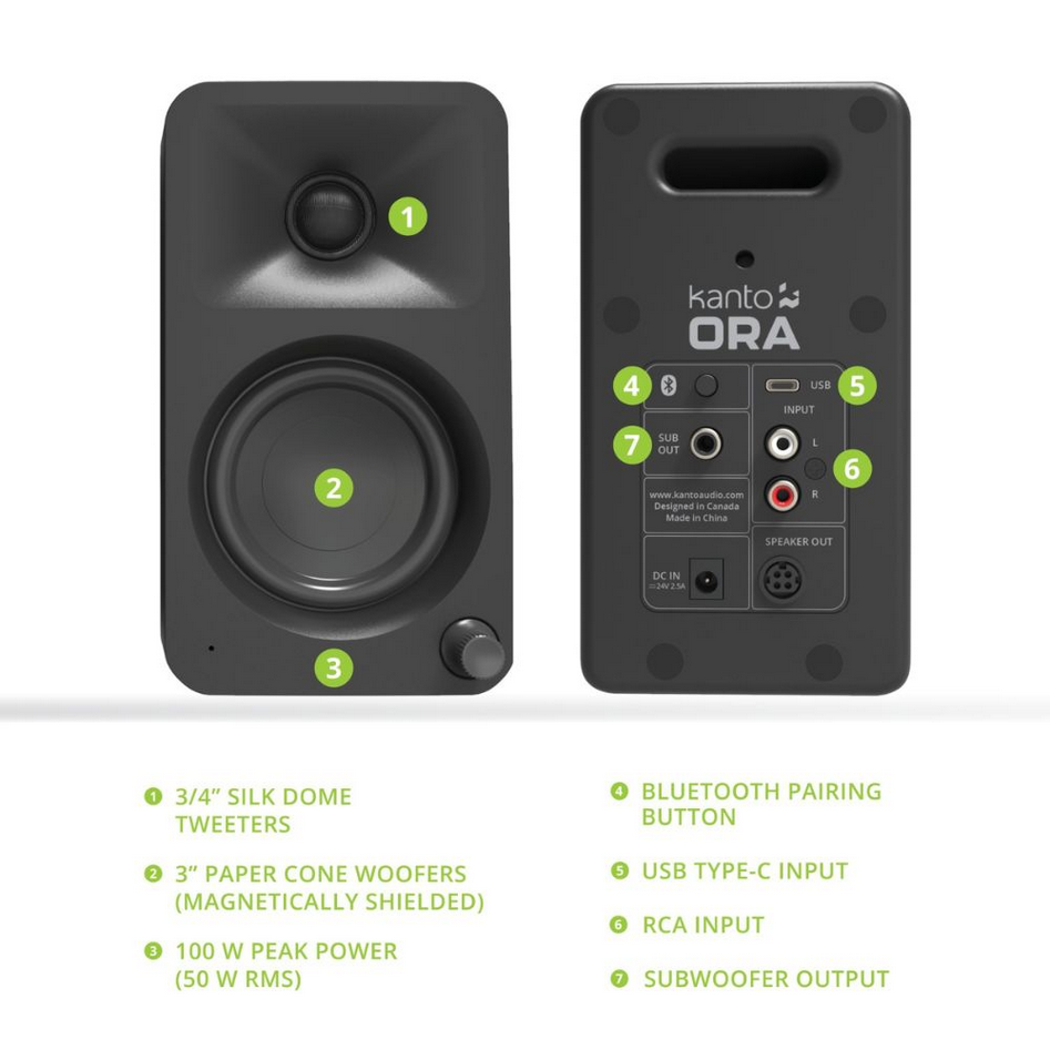 Kanto ORA 100W Powered Desktop Bluetooth 5.0 Speakers - Black
