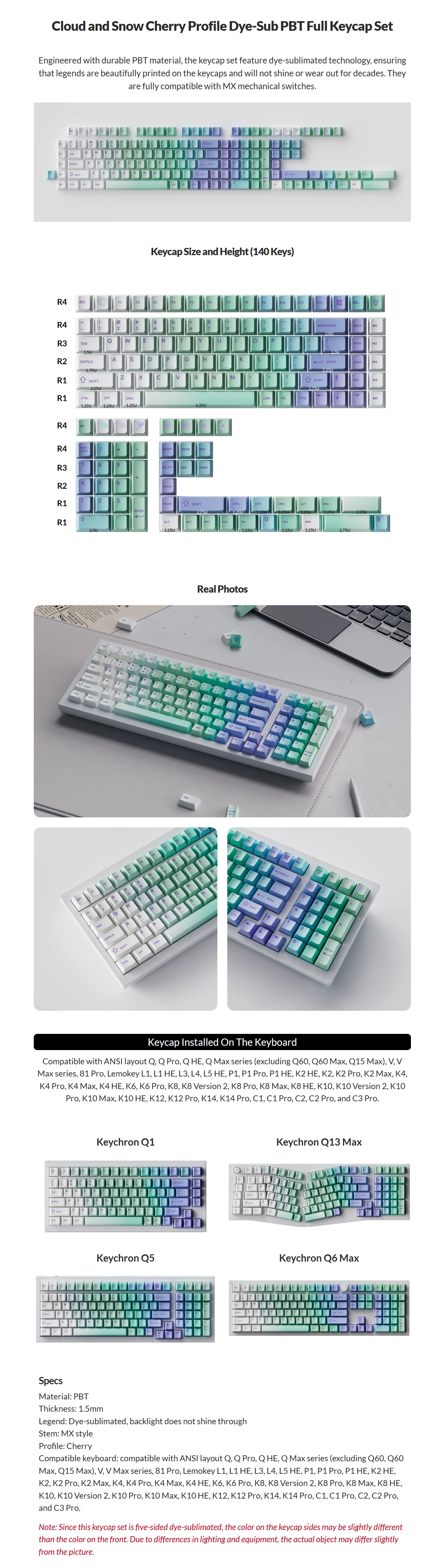 Keychron Cherry Profile Dye-Sub PBT Full Keycap Set - Cloud and Snow ...