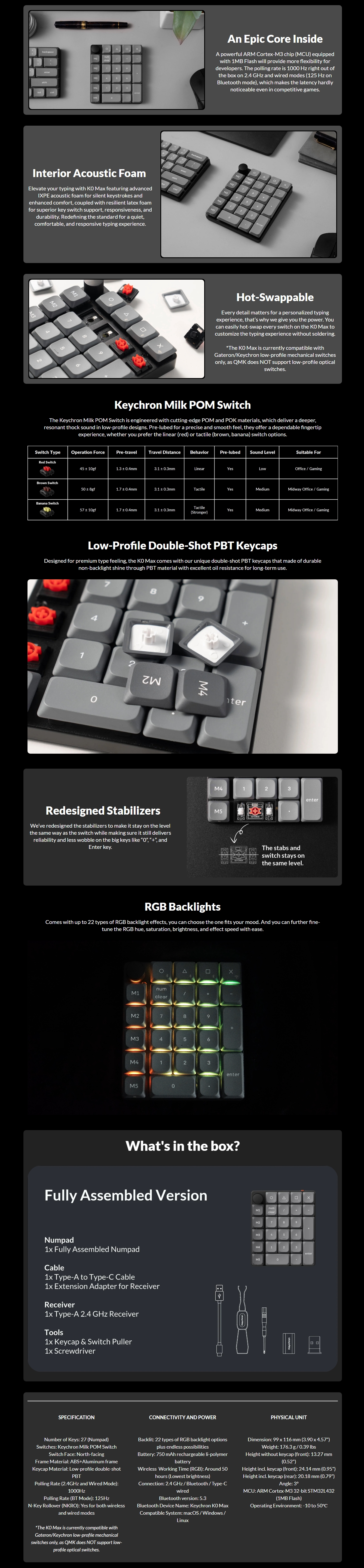 Keychron K0 Max QMK Wireless Custom Number Pad - Keychron Milk POM Brown Switches