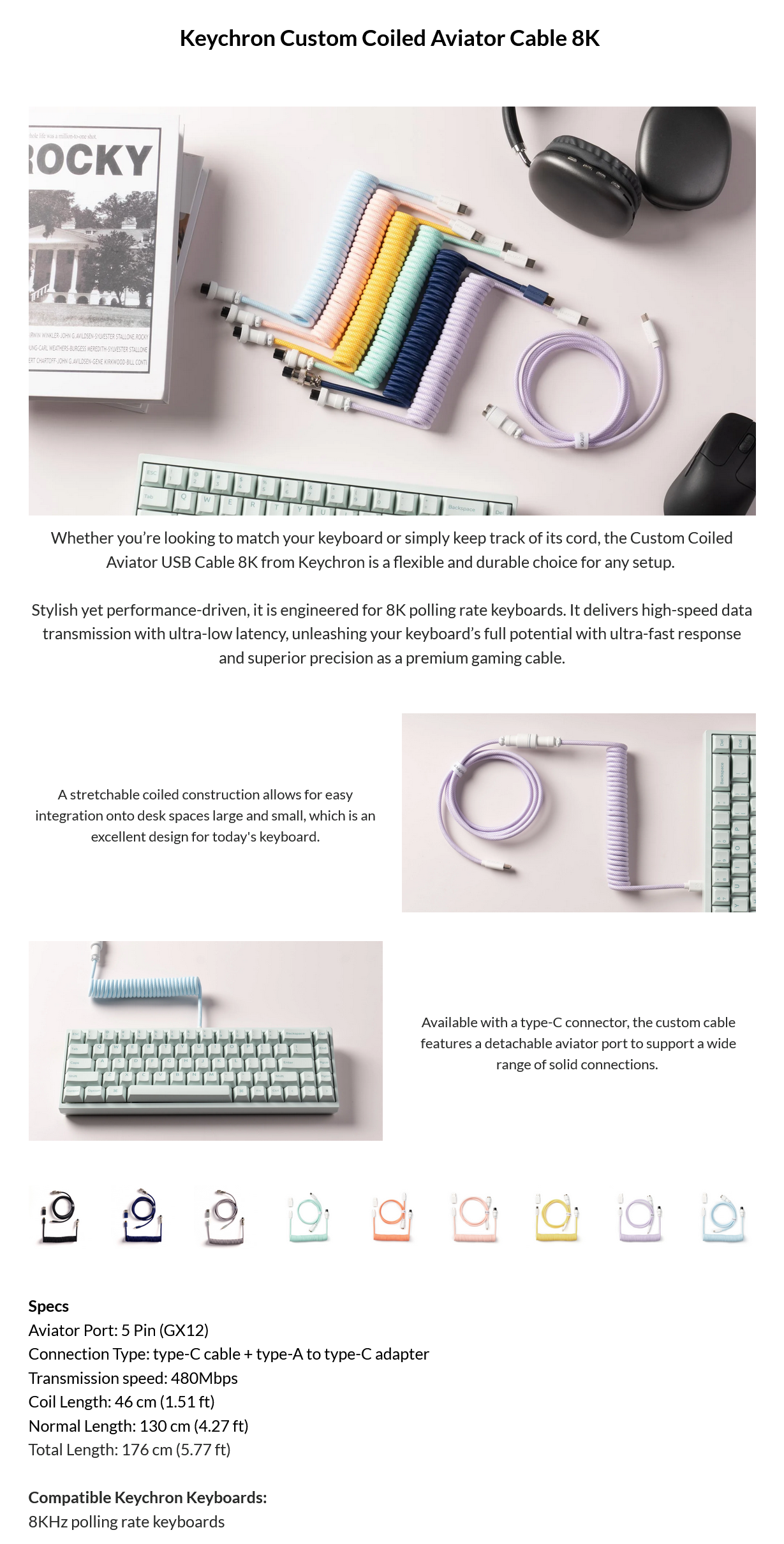 Keychron Straight Coiled Aviator Cable 8K - Light Blue
