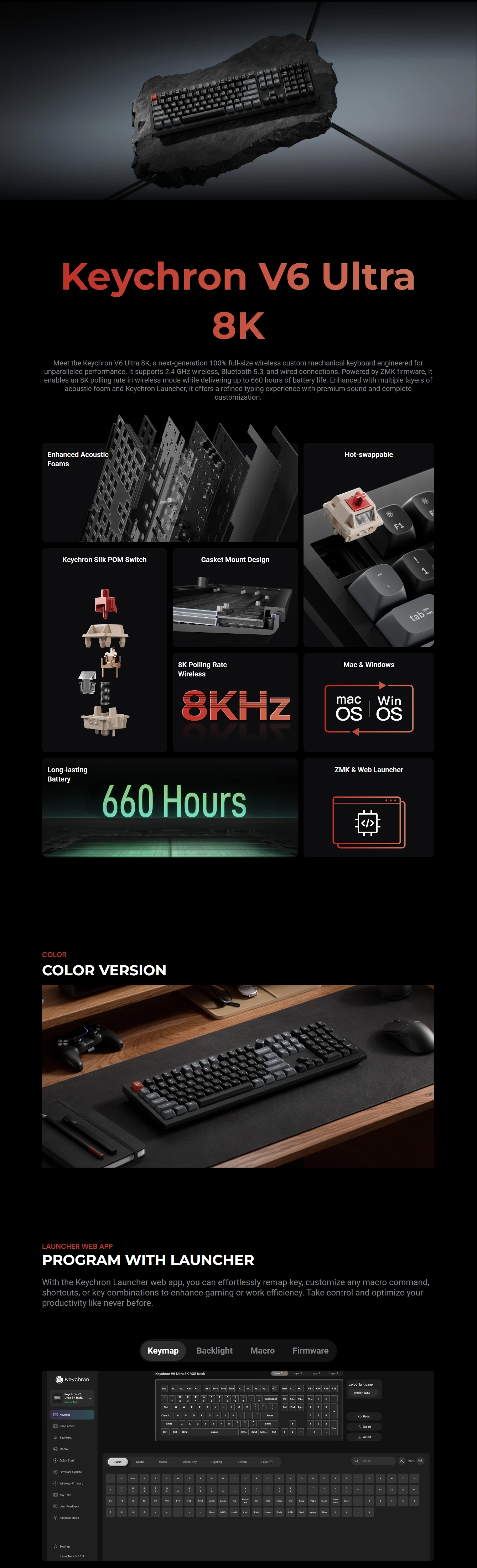 Keychron V6 Ultra 8K Wireless Custom Mechanical Keyboard - Black - Keychron Silk POM Switch - Brown