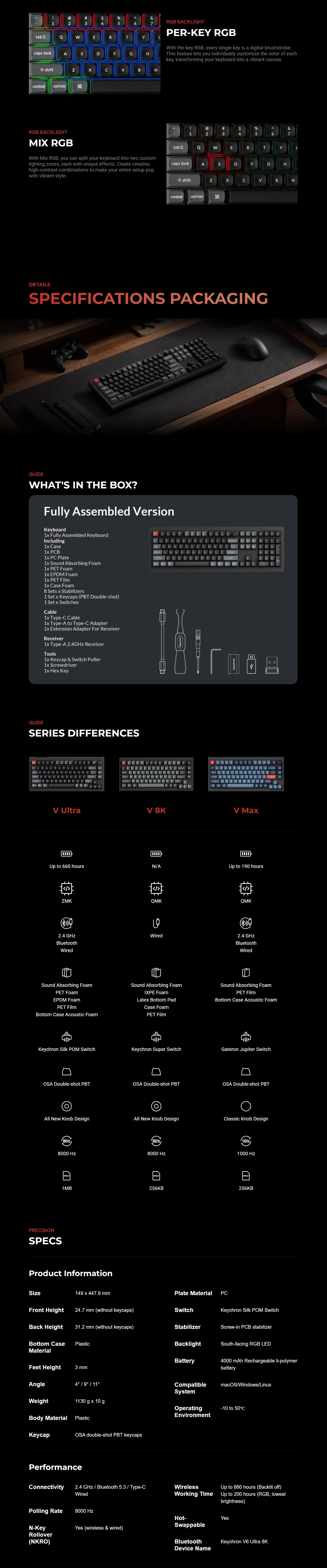 Keychron V6 Ultra 8K Wireless Custom Mechanical Keyboard - Black - Keychron Silk POM Switch - Brown