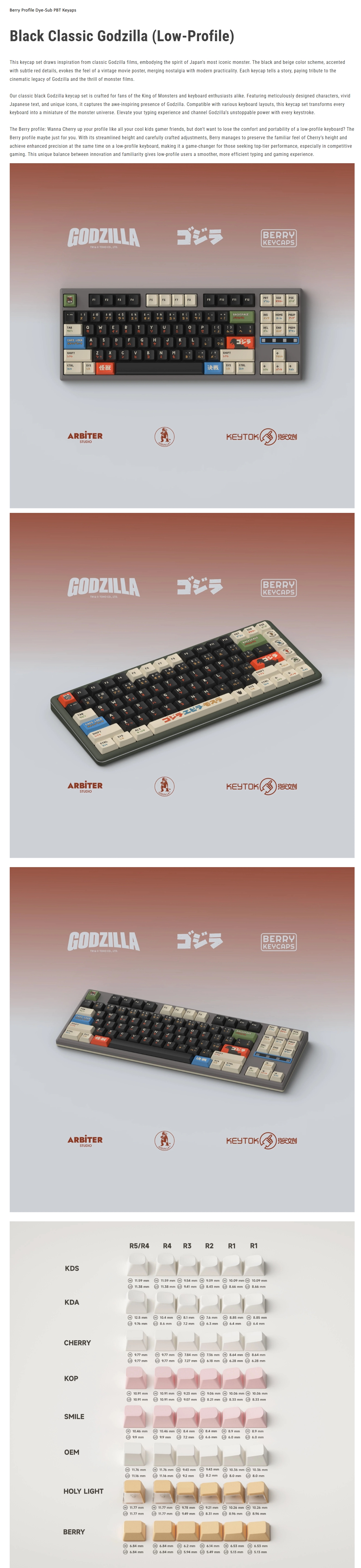 KeyTok BERRY Low-Profile Black Classic Godzilla Keycaps 173pcs Set