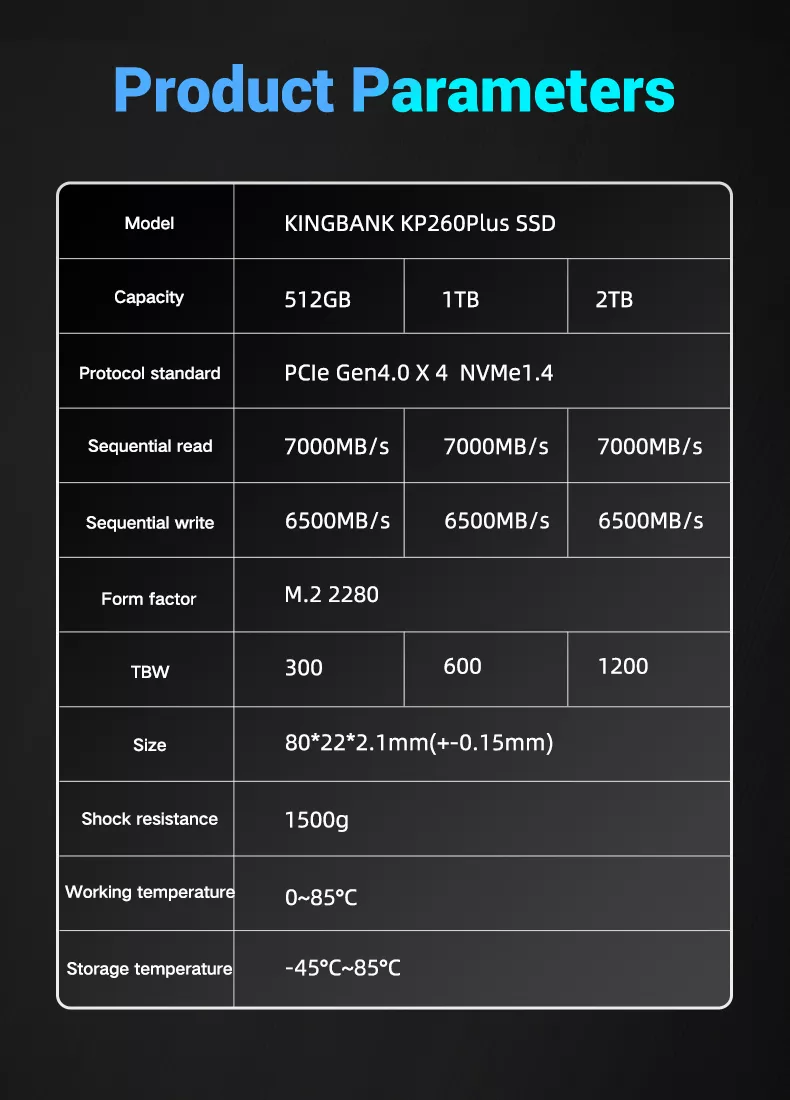 Kingbank KP260 Plus 1TB PCIe 4.0 NVMe M.2 2280 SSD - 7000/6500