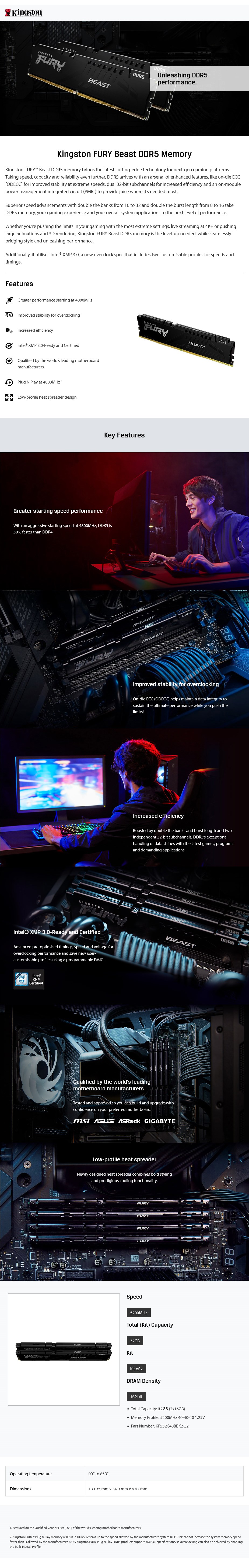 Kingston FURY Beast 32GB (2x 16GB) DDR5 5200MHz U-DIMM Memory - Overview 1