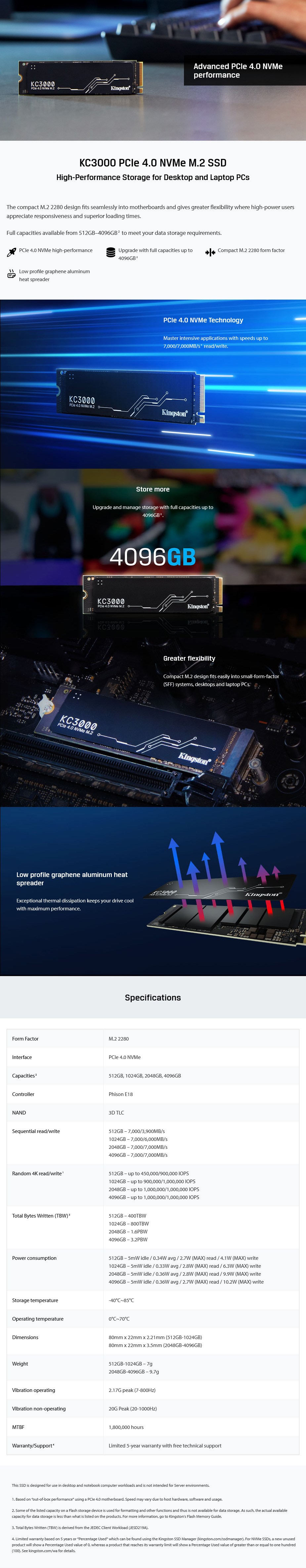 Kingston KC3000 1024GB PCIe 4.0 NVMe M.2 2280 SSD - SKC3000S/1024G - Desktop Overview 1