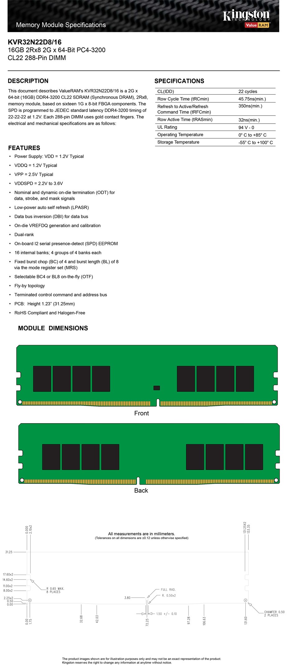 Kingston ValueRam 16GB (1x 16GB) DDR4 3200MHz Memory - Desktop Overview 1