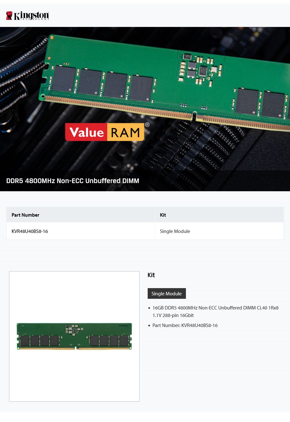Kingston ValueRAM 16GB (1x 16GB) DDR5 4800MHz U-DIMM Memory - Overview 1