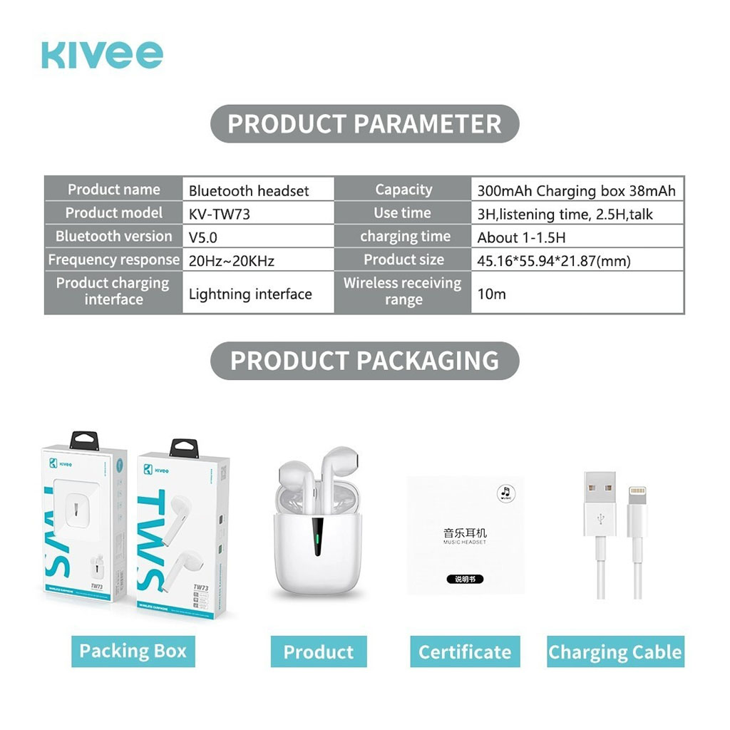 Kivee TW73 Bluetooth 5.0 Wireless Earphones - White - ELEKIVTW73 | Mwave