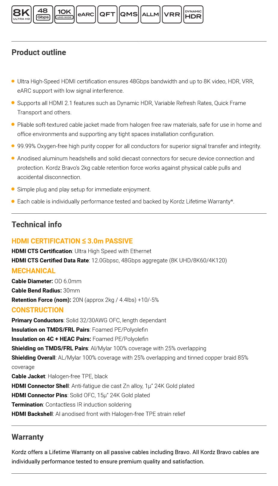 Kordz Premium Ultra High Speed 8K Performance HDMI Cable with Ethernet - 1.5m - Overview