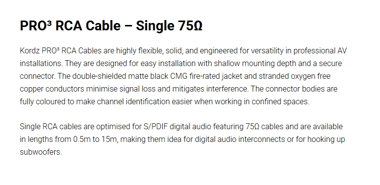 Kordz PRO3 10m 75 Ohm Single RCA Cable