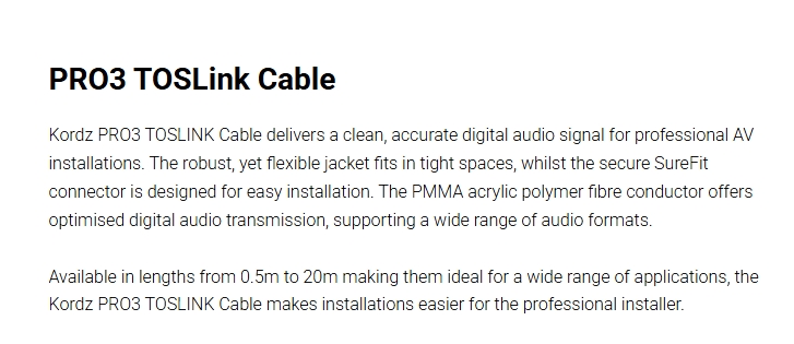 Kordz PRO3 1.5m Toslink Optical Digital Audio Cable