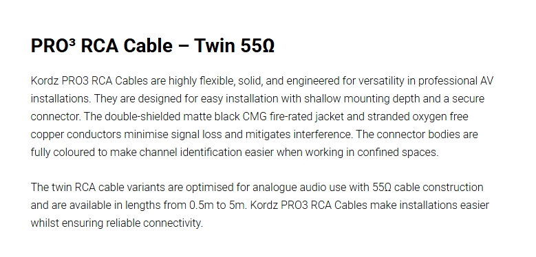 Kordz PRO3 1m 55 Ohm Twin RCA Cable