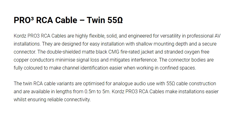 Kordz PRO3 2m 55 Ohm Twin RCA Cable