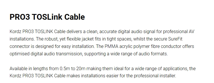 Kordz PRO 12.5m Toslink Optical Digital Audio Cable