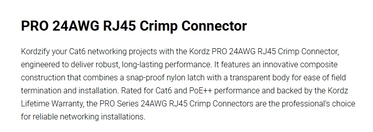 Kordz PRO CAT6 RJ45 2-Piece Crimp Connector - 100 Pack - Tinted