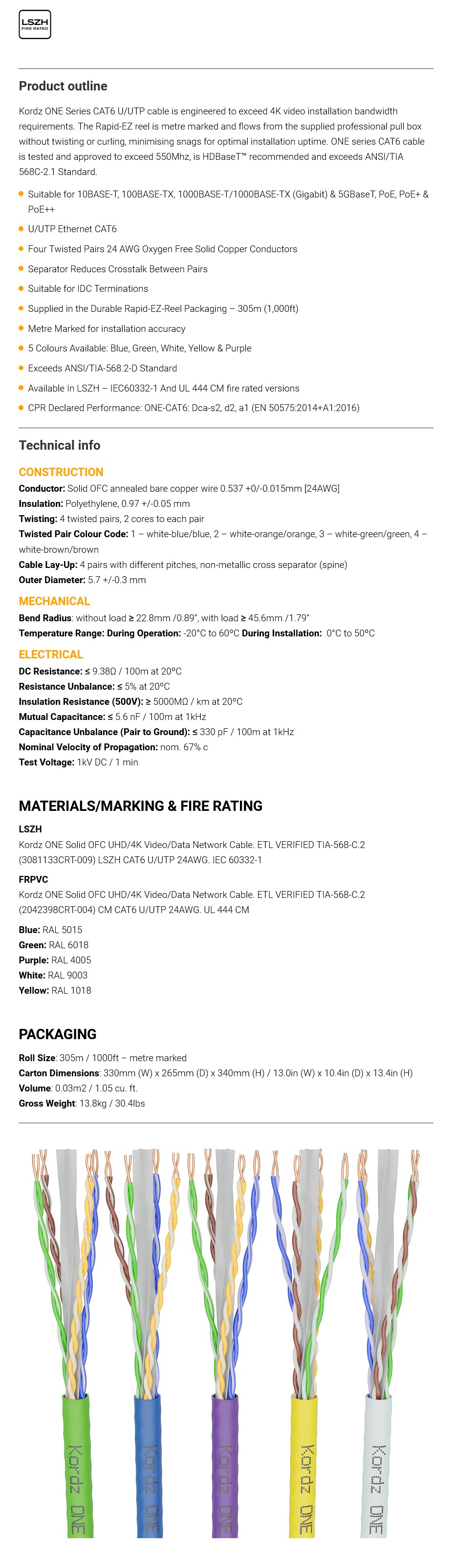 Kordz Professional CAT 6 U/UTP Bulk Cable, LSZH, Yellow, 305m Pro Box - Overview