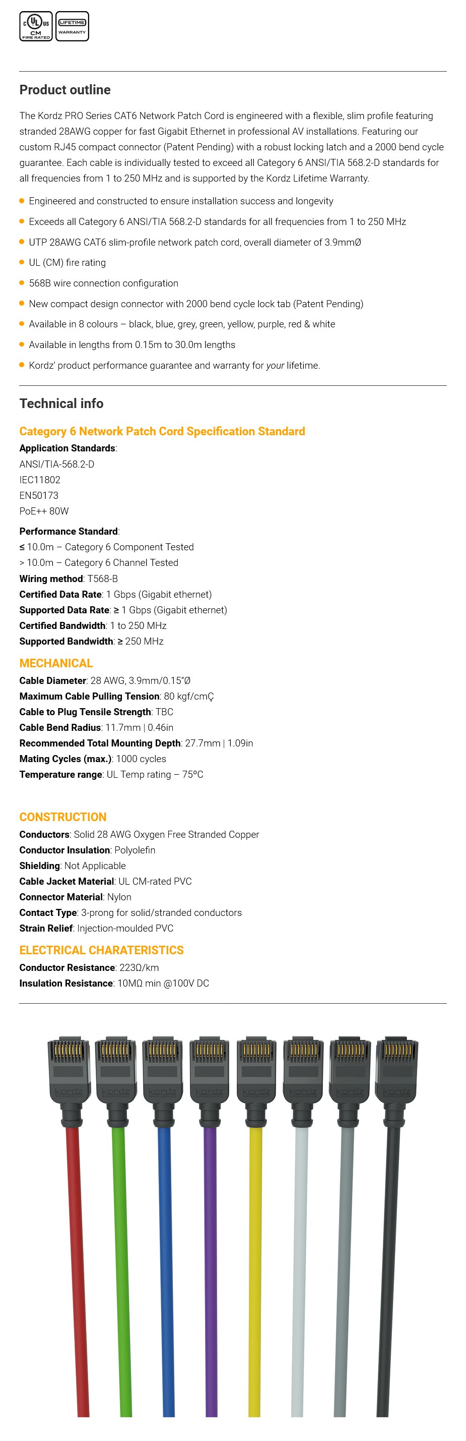 Kordz Professional Slim Profile CAT6 Network Patch Cord grey - 10.0m - Overview