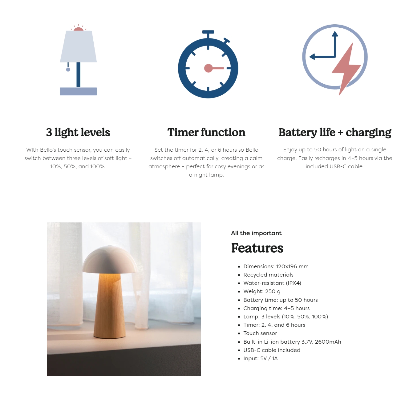 Kreafunk Bello Portable Rechargeable Lamp - Light Wood
