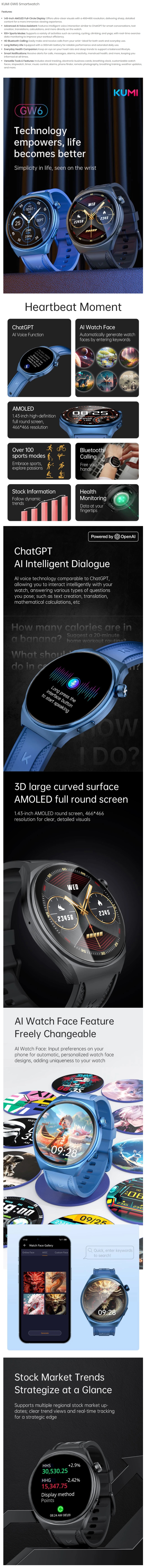 KUMI GW6 Smart Watch - Blue