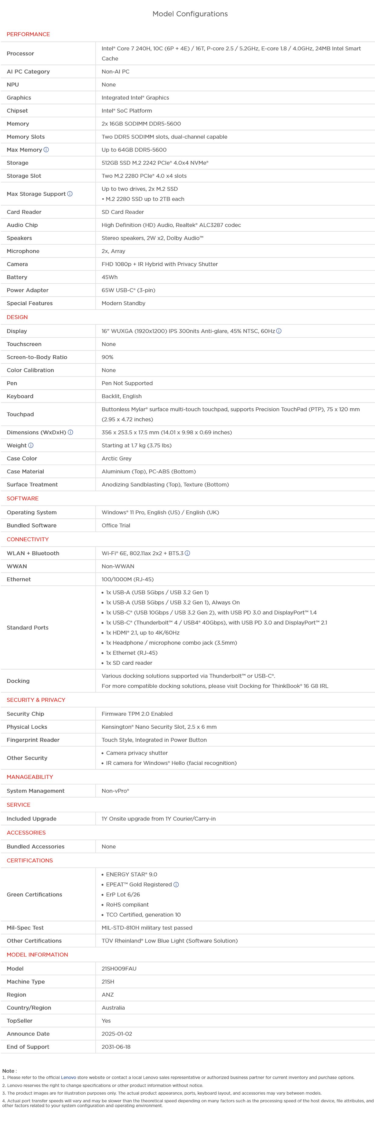 Lenovo Thinkbook 16 G8 16" WUXGA Laptop - Intel Core 7-240H 32GB 512GB W11 Pro