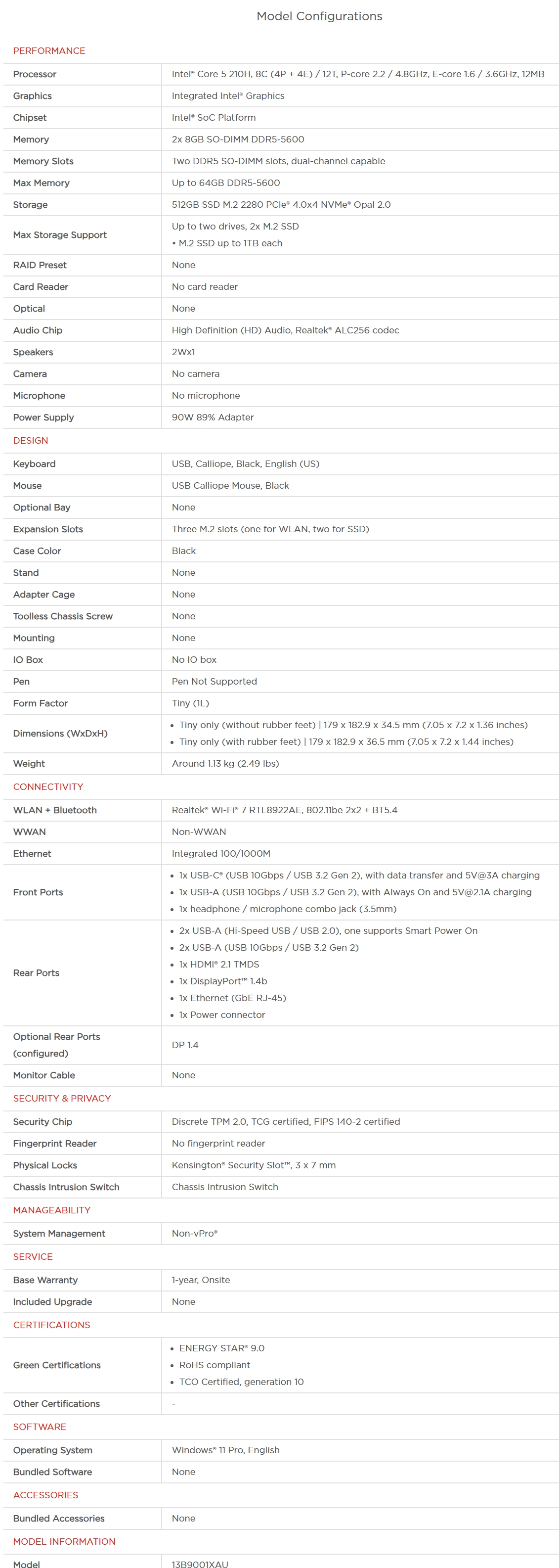 Lenovo ThinkCentre NEO 50Q G5 Tiny PC - Intel Core 5-210H 16GB 512GB WIFI+BT W11 Pro