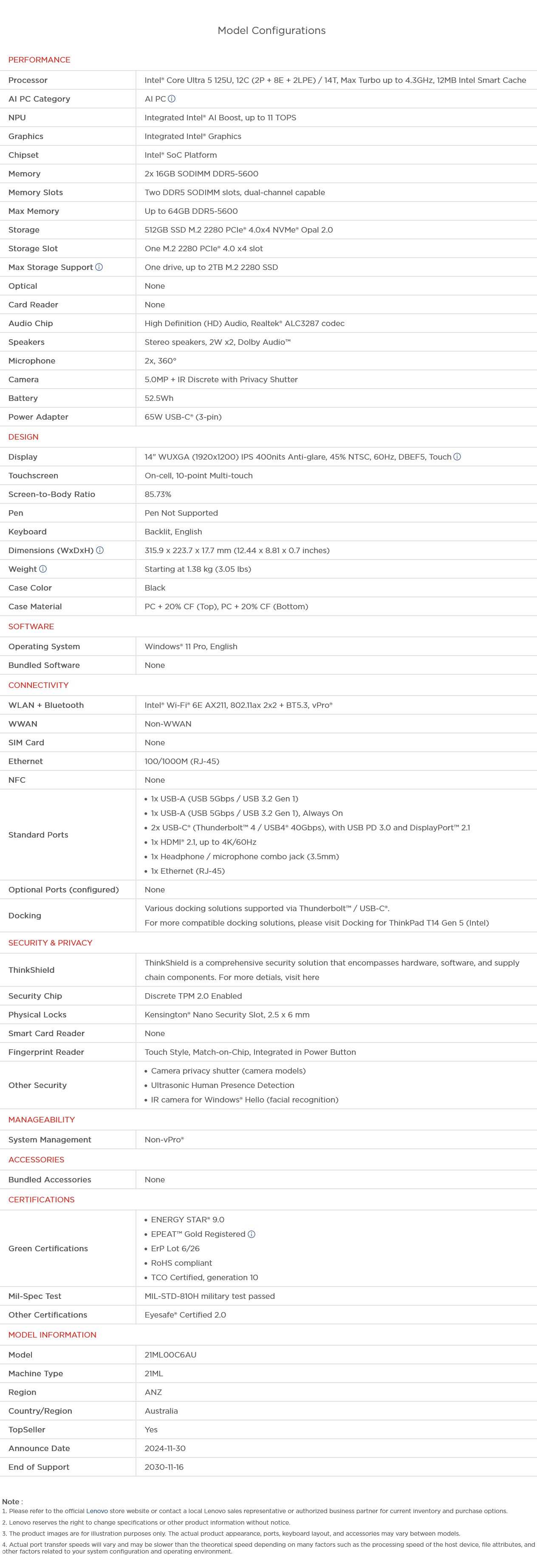Lenovo ThinkPad T14 G5 14" WUXGA AI Ready Laptop - Intel Ultra 5-125U 32GB 512GB W11 Pro - Touch