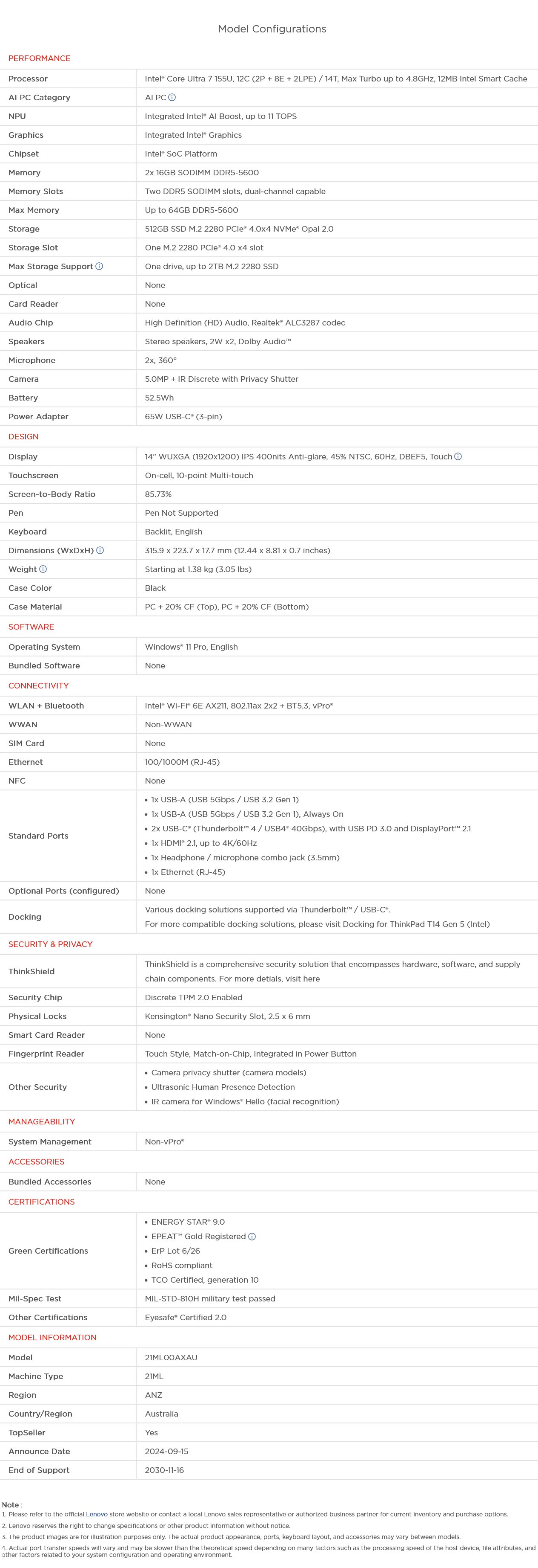 Lenovo ThinkPad T14 G5 14" WUXGA AI Ready Laptop - Intel Ultra 7-155U 32GB 512GB W11 Pro - Touch