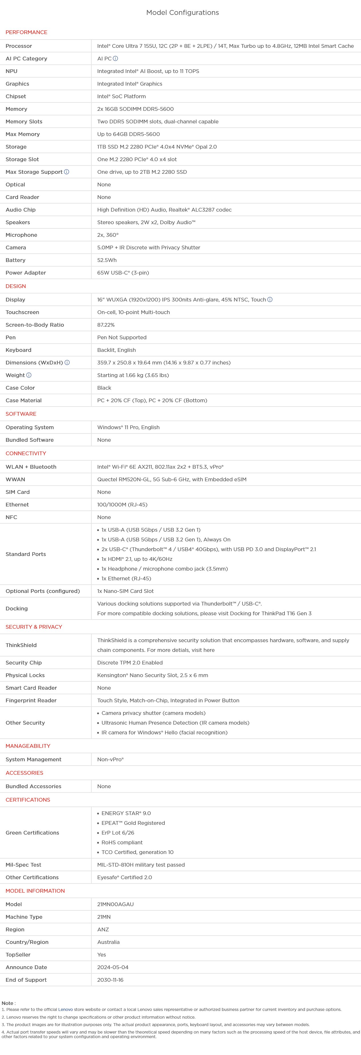 Lenovo ThinkPad T16 G3 16" WUXGA AI Ready Laptop - Intel Ultra 7-155U 32GB 1TB 5G W11 Pro - Touch