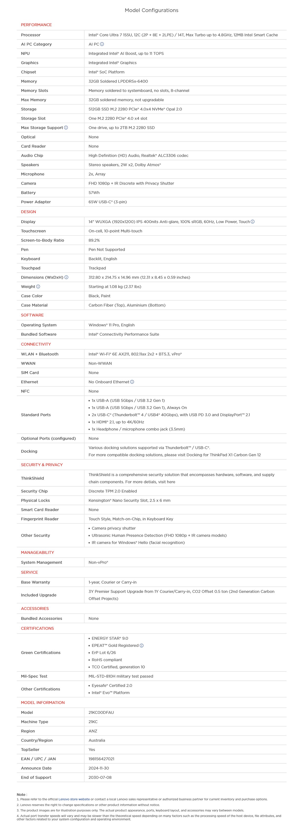 Lenovo ThinkPad X1 CARBON G12 14" WUXGA AI Ready Laptop - Intel Ultra 7-155U 32GB 512GB W11 Pro - Touch