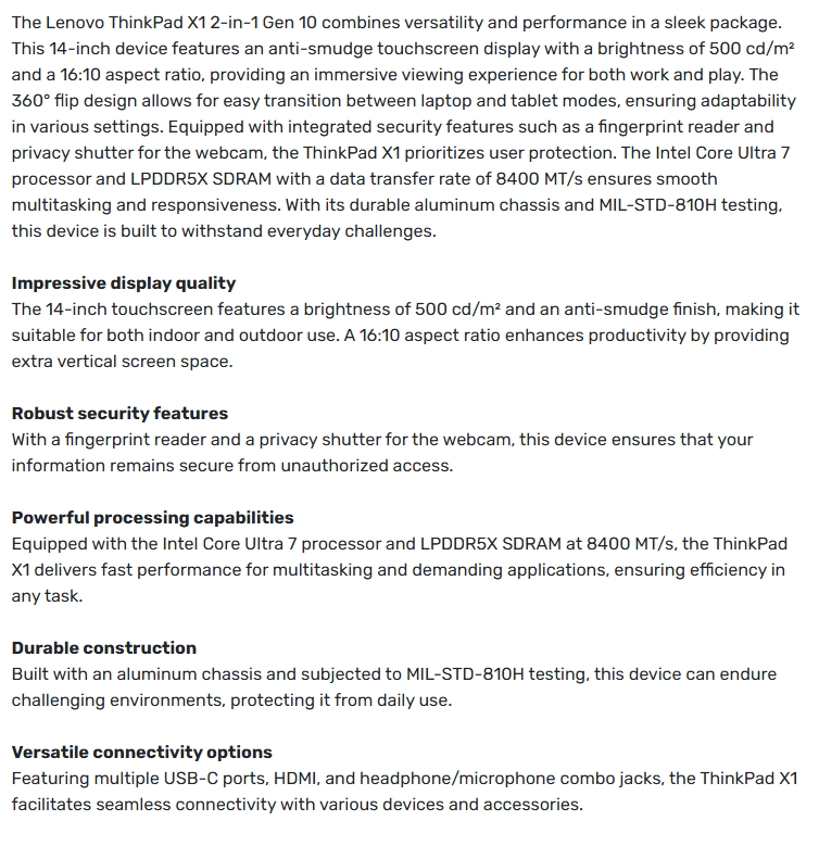 Lenovo ThinkPad X1 G10 Aura 14" WUXGA 2-in-1 Laptop - Core Ultra 7 32GB 512GB W11 Pro - 5G+ Touch