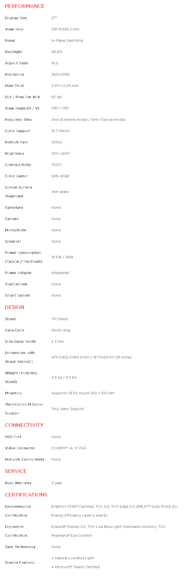 Lenovo ThinkVision S27i-30 27" Full HD Eye Comfort FreeSync IPS Monitor