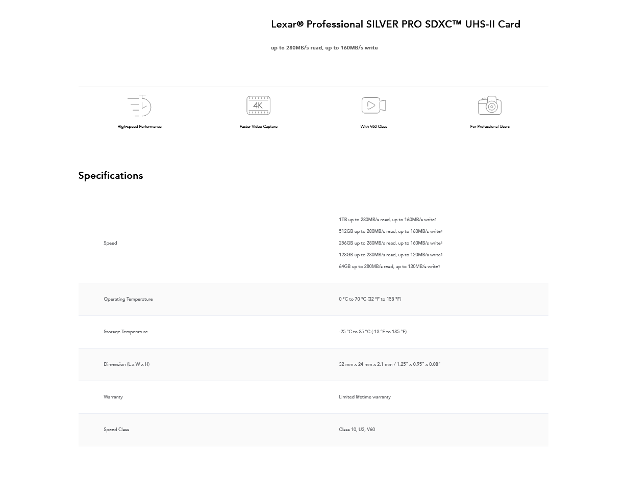 Lexar 512GB Professional SILVER PRO SDXC UHS-II Card