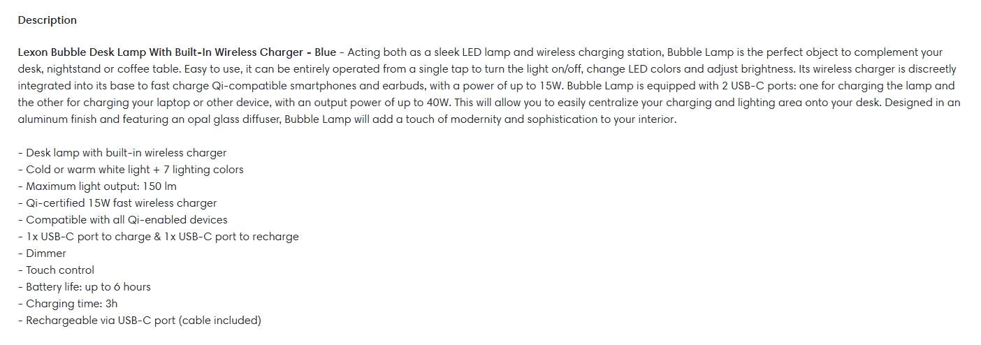 Lexon Bubble Desk Lamp With Built-In Wireless Charger - Blue