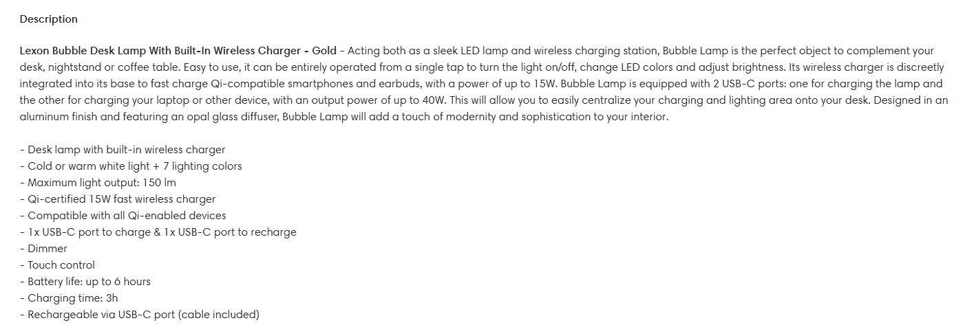 Lexon Bubble Desk Lamp With Built-In Wireless Charger - Gold