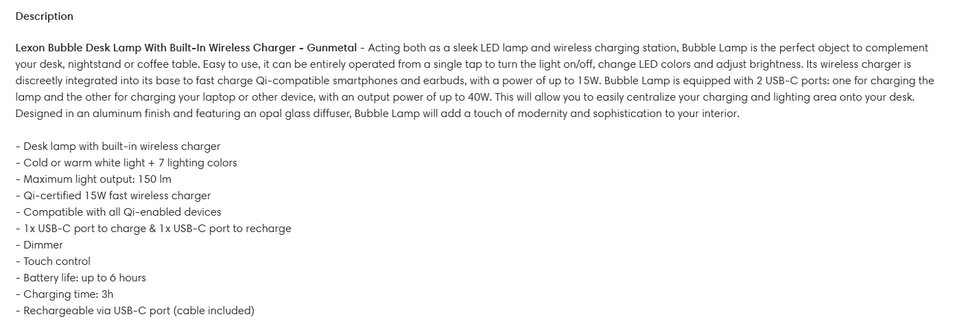 Lexon Bubble Desk Lamp With Built-In Wireless Charger - Gunmetal