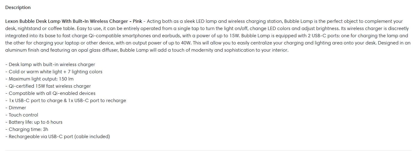 Lexon Bubble Desk Lamp With Built-In Wireless Charger - Pink