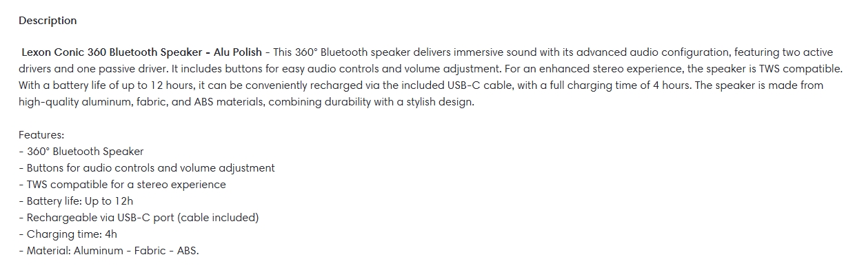 Lexon Conic 360 Bluetooth Speaker - Alu Polish