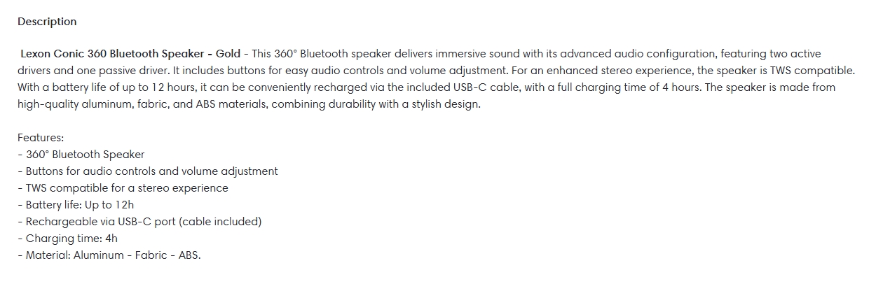 Lexon Conic 360 Bluetooth Speaker - Gold