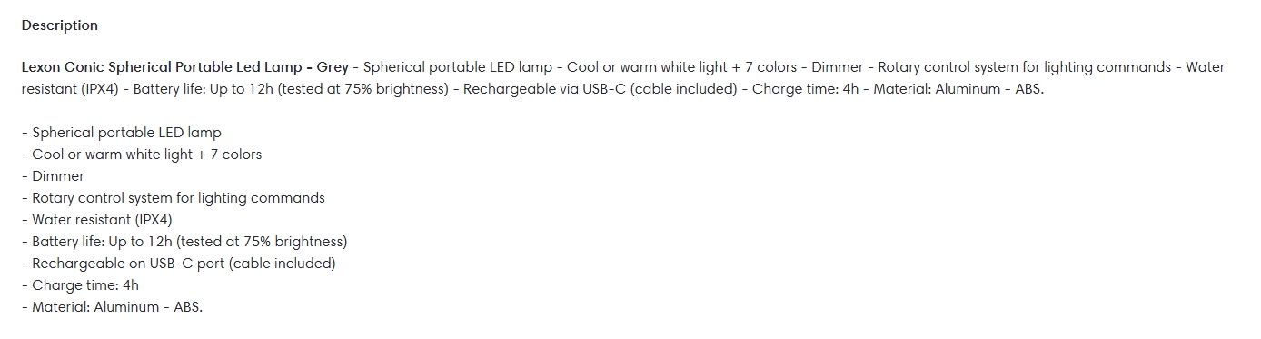 Lexon Conic Spherical Portable LED Lamp - Grey