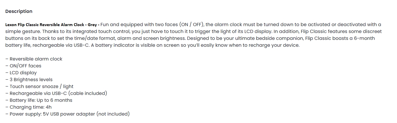 Lexon Flip Classic Reversible Alarm Clock - Grey